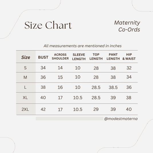 Size chart for maternity clothing with measurements in inches.