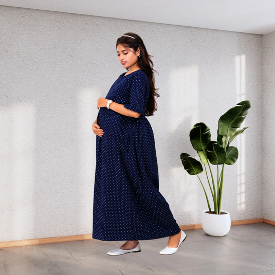 NAVY POLKA LOUNGE DRESS Maternity & Nursing Dress | Soft Cotton, Pregnancy, Zipless Feeding Dress