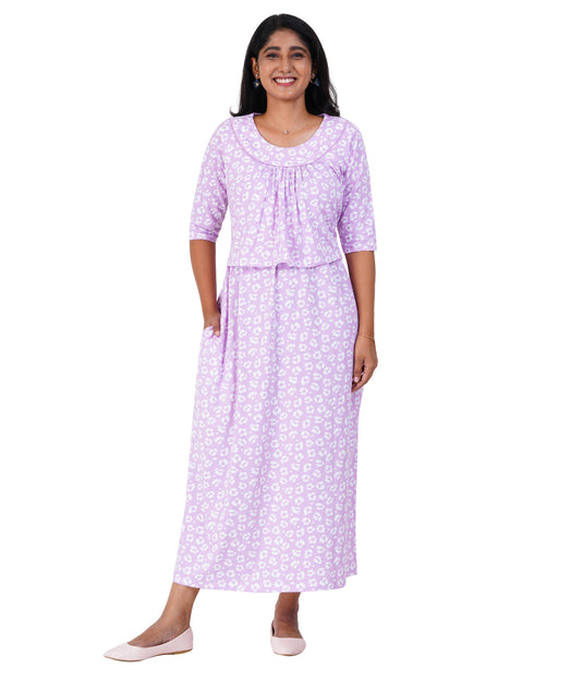 PINK CHEETAH LOUNGE DRESS for Maternity & Nursing | Soft Cotton, Zipless Feeding | Elegant Pregnancy Maxi Dress I
