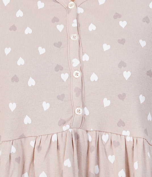 BEIGE HEARTS RIBBED CO-ORD |Soft Cotton, Pregnancy & Feeding Set Dress