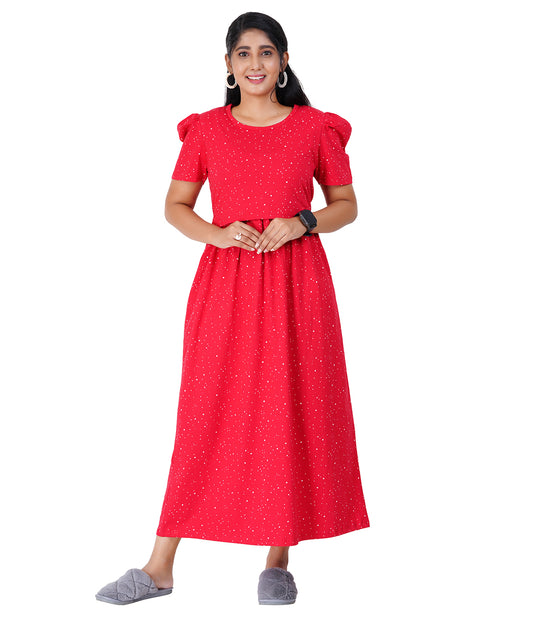 RED SNOW LOUNGE DRESS for Maternity & Nursing | Elegant Pregnancy & Feeding Dress