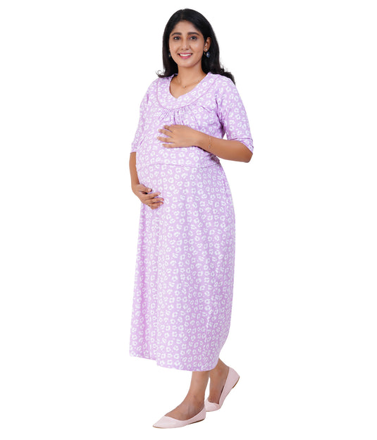 PINK CHEETAH LOUNGE DRESS for Maternity & Nursing | Soft Cotton, Zipless Feeding | Elegant Pregnancy Maxi Dress I