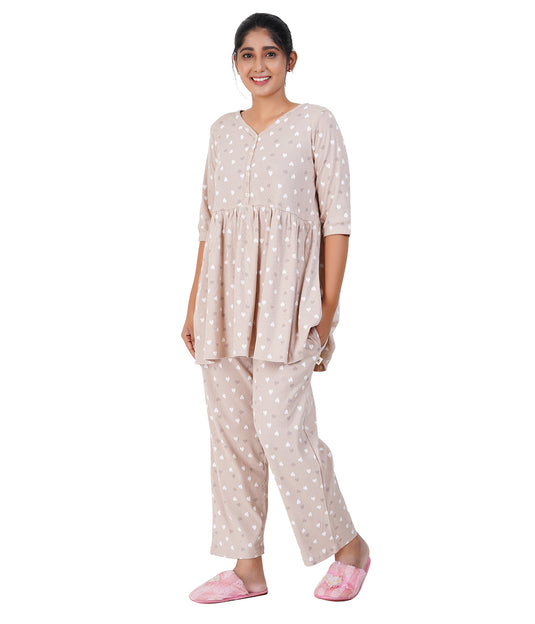 BEIGE HEARTS RIBBED CO-ORD |Soft Cotton, Pregnancy & Feeding Set Dress