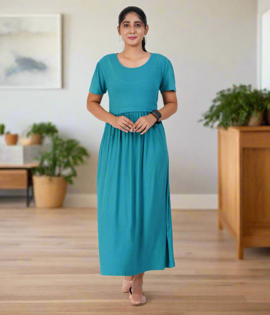GREEN RIBBED LOUNGE DRESS for Maternity & Nursing | Soft Cotton, Zipless Feeding Dress