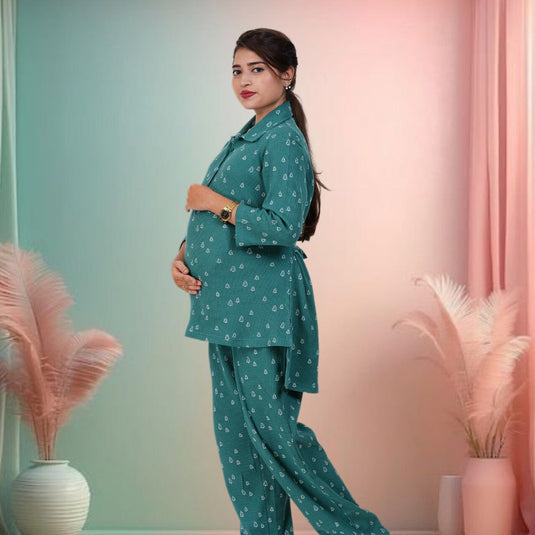MERRY GREEN WAFFLE CO-ORD | Maternity & Nursing Set | 100% Cotton Pregnancy & Feeding set