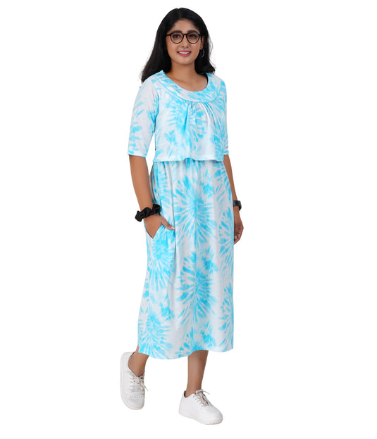 BLUE TIE-DYE LOUNGE DRESS for Maternity & Nursing | Soft Cotton, Zipless Pull-up Pregnancy & Feeding Dress