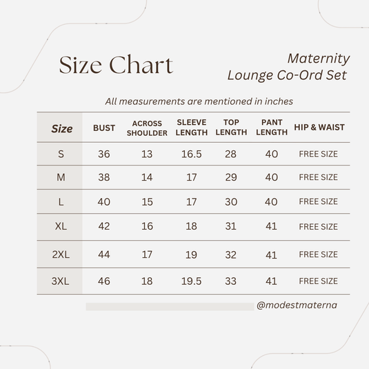 Size chart for a maternity lounge co-ord set with measurements in inches.