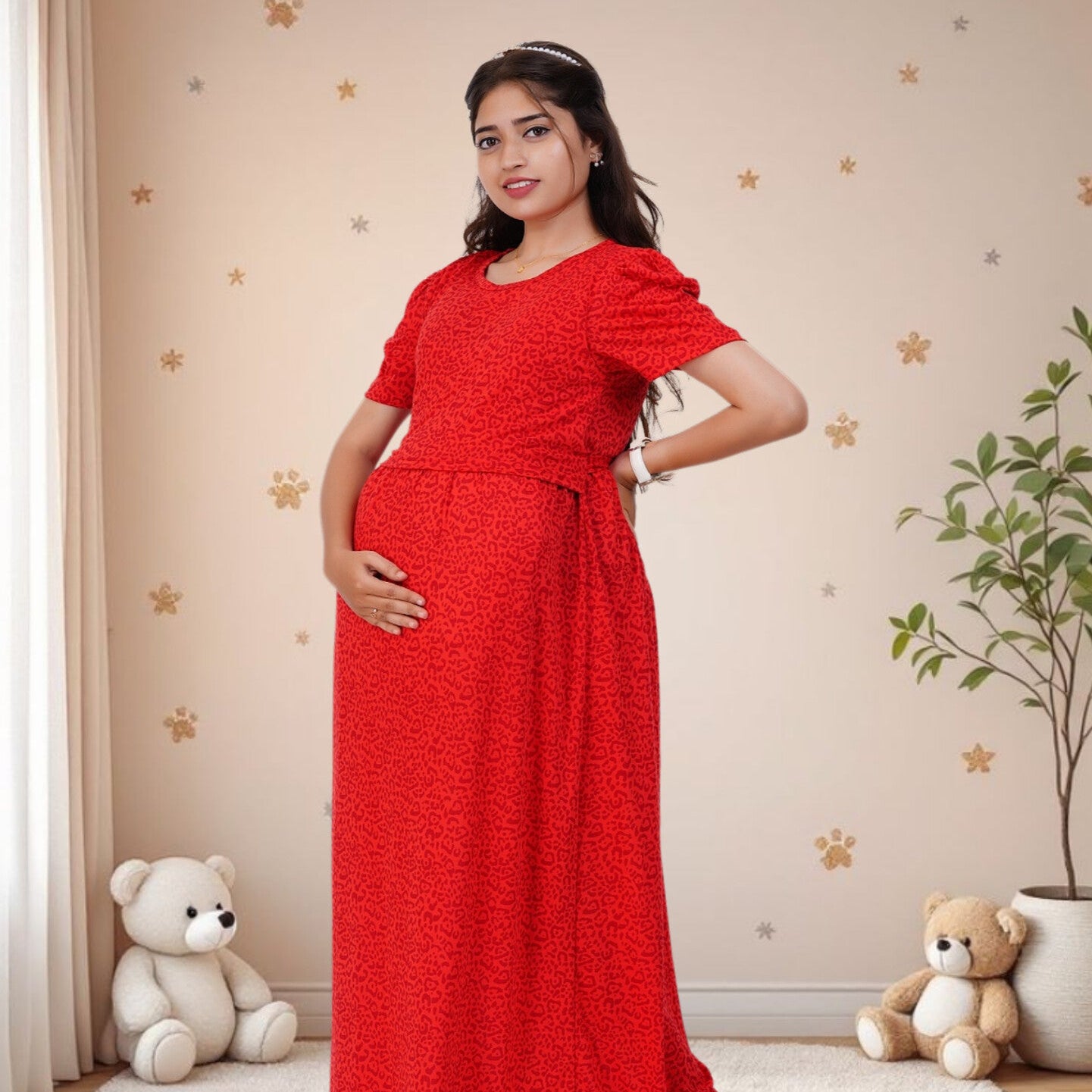 RED CHEETAH LOUNGE DRESS Maternity & Nursing Dress