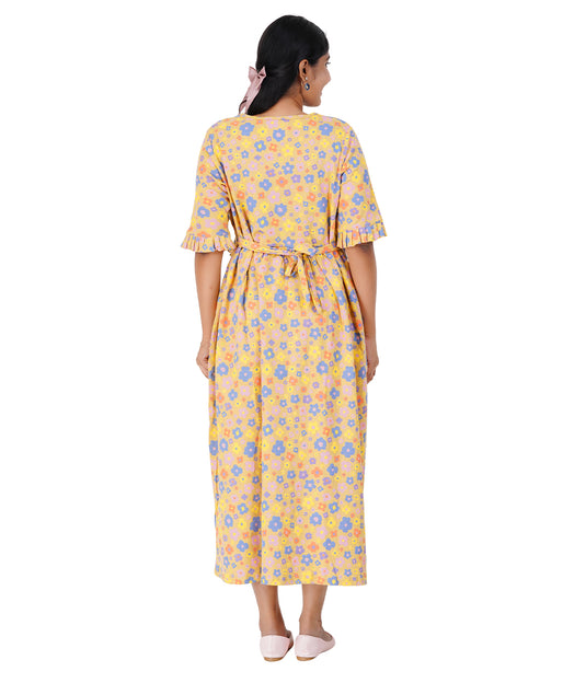 YELLOW RIBBED LOUNGE DRESS for Maternity & Nursing Dress | Soft Cotton, Pregnancy, Zipless Feeding Dress